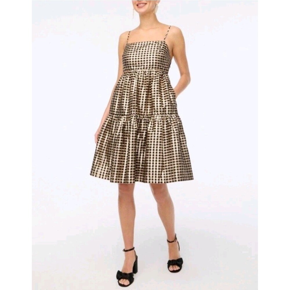 NWT $128 J.Crew Metallic Gingham Tiered Dress Gold Black Dress Holiday Party 0